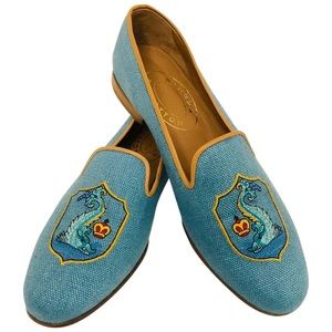 Stubbs & Wootton Turquoise Teal Needlepoint Serpent & Crown Slippers / size 7.5